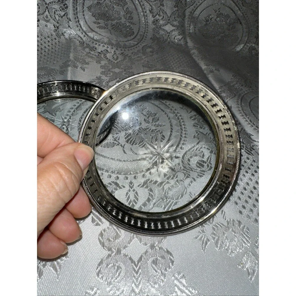 VINTAGE COASTERS WITH PIERCED METAL GALLERY & STAR-CUT GLASS BOTTOM SET OF 2